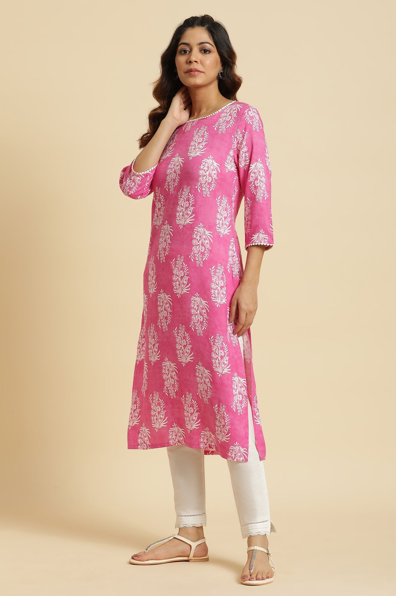 Pink Floral Straight Rayon Kurta