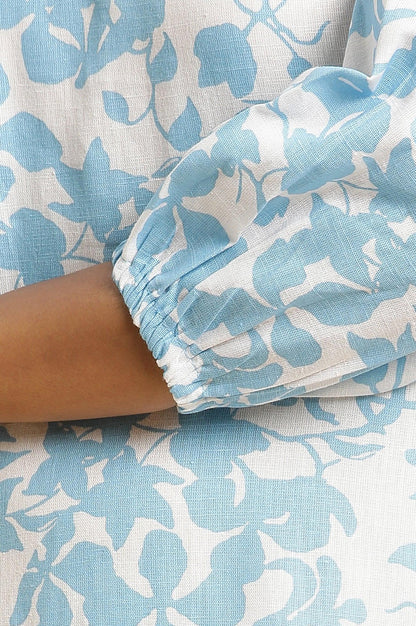 White And Blue Floral Printed Flared Long Dress - wforwoman