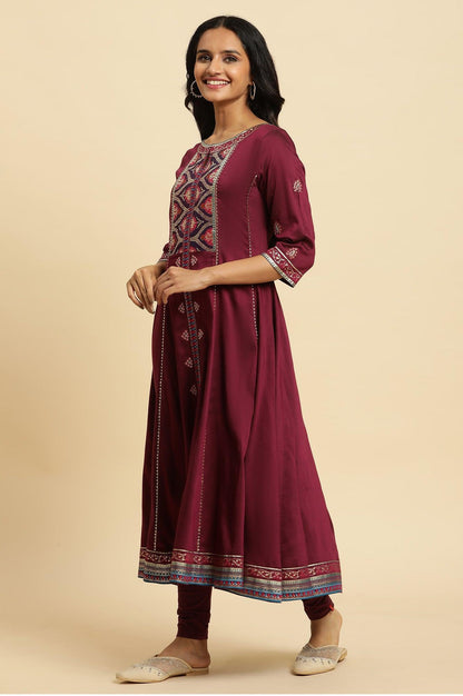 Purple Embroidered Flared Kurta - wforwoman