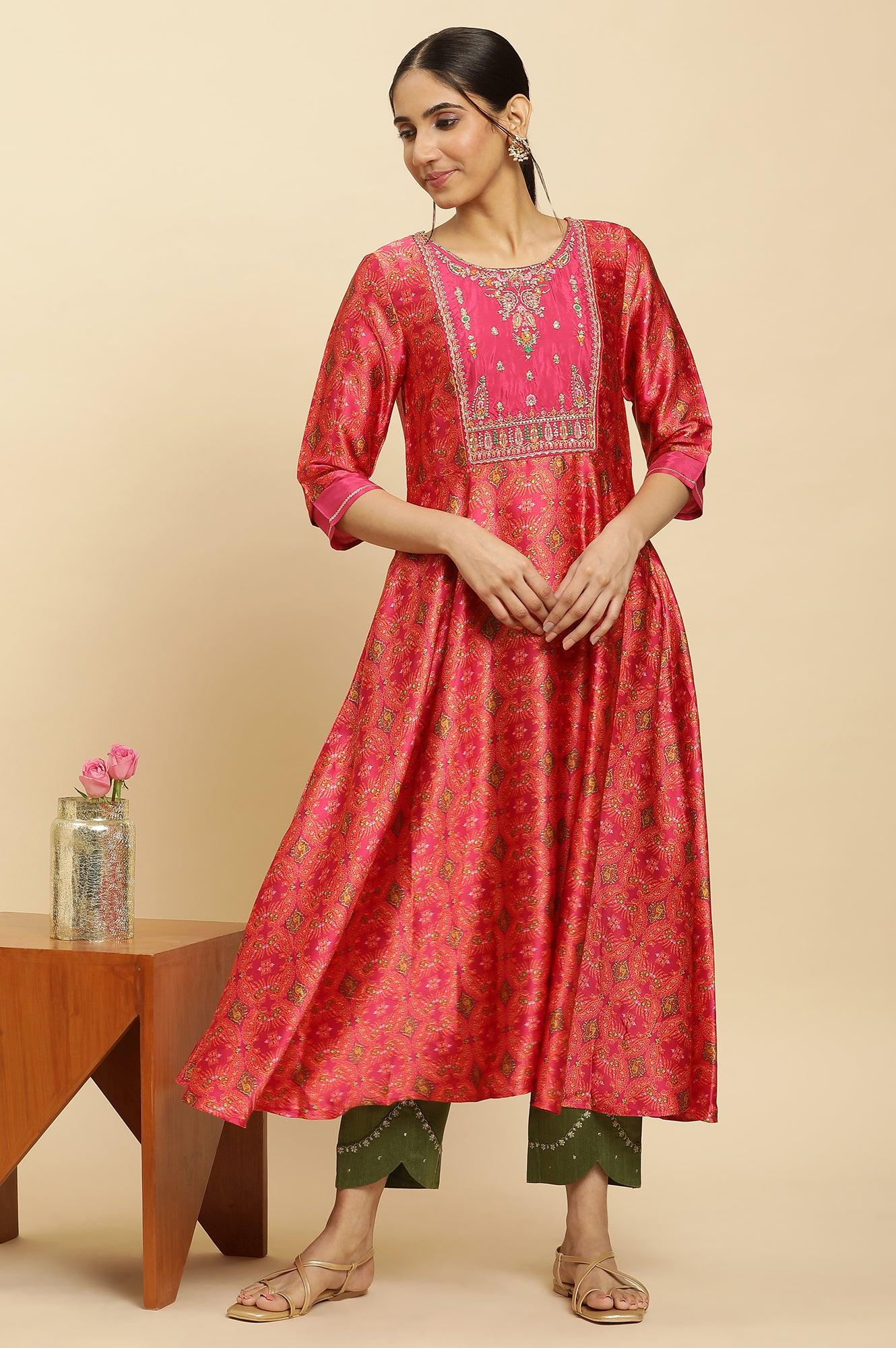 Pink Paisley Printed Flared Kurta With Embroidered Yoke - wforwoman