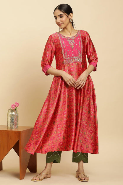 Pink Paisley Printed Flared Kurta With Embroidered Yoke - wforwoman