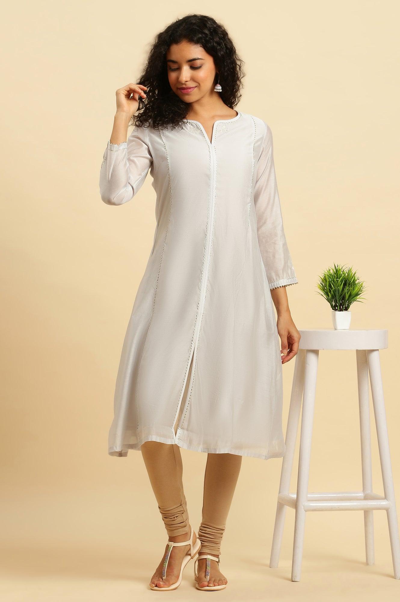 Grey Panelled Chanderi Kurta With Zari Embroidery. - wforwoman