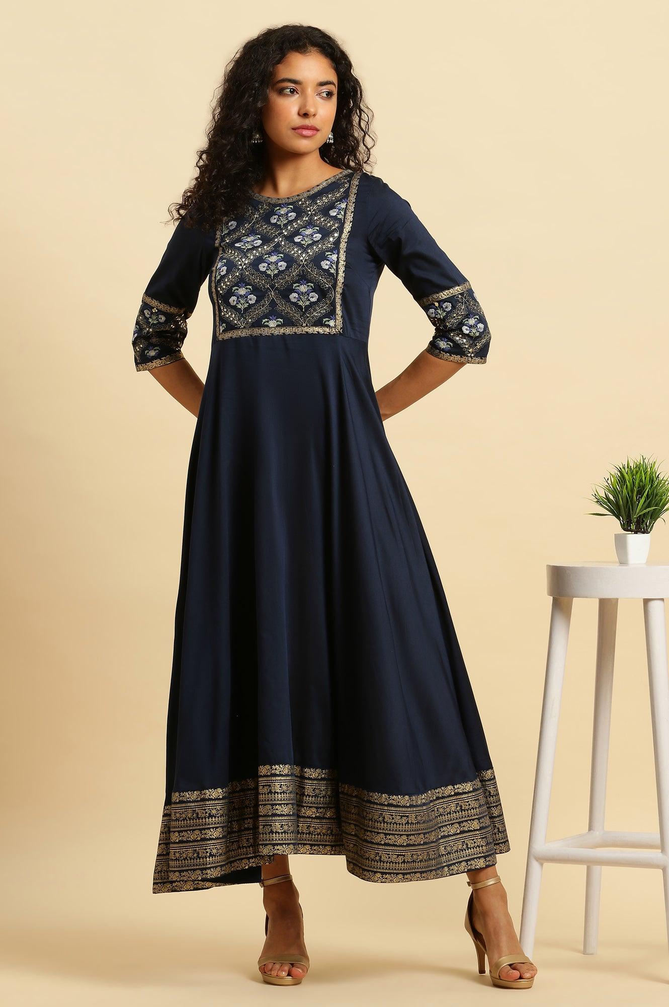 Blue Panelled Embroidered Festive Dress - wforwoman