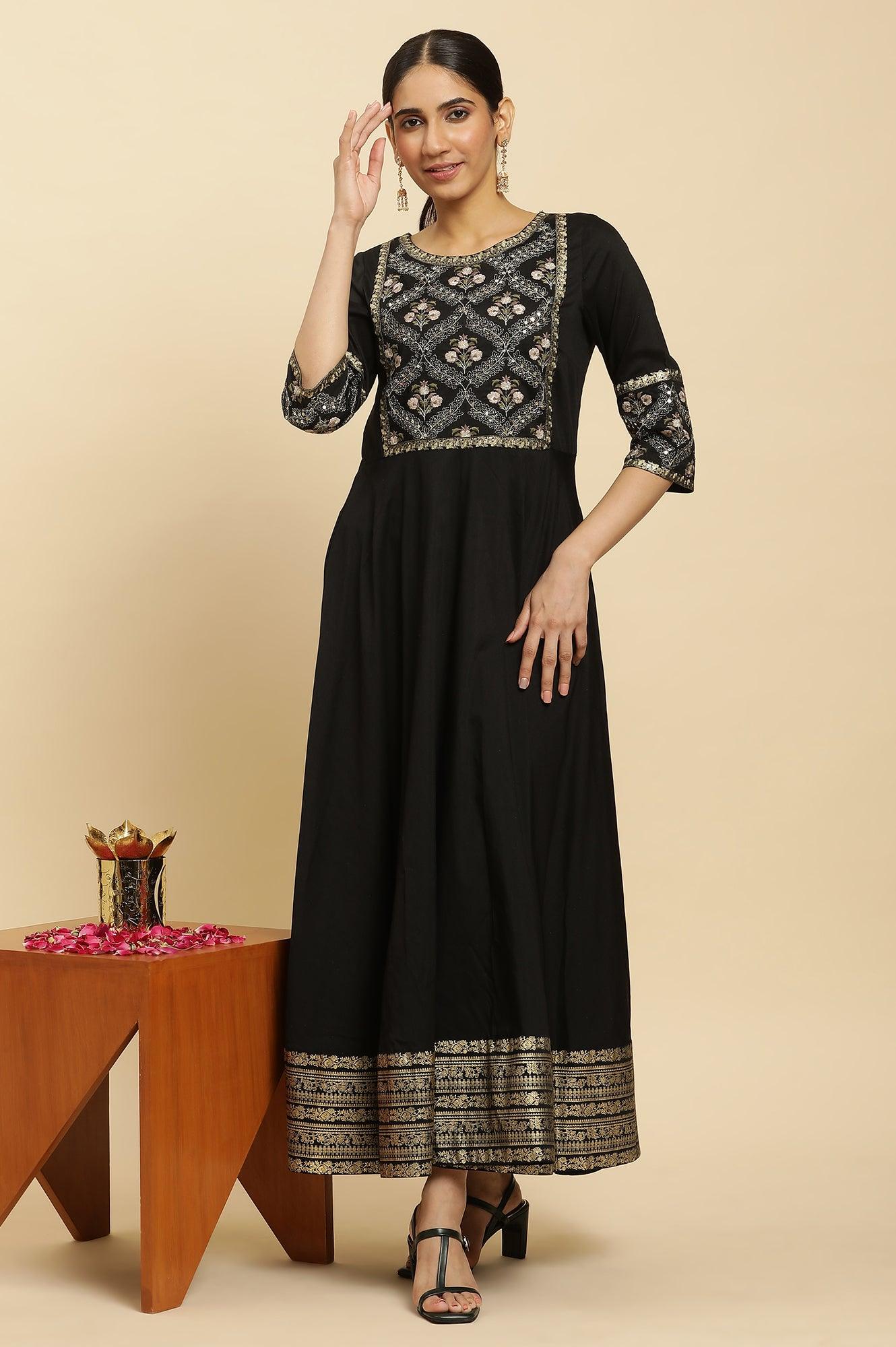 Black Panelled Embroidered Festive Dress - wforwoman