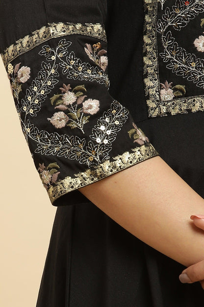 Black Panelled Embroidered Festive Dress - wforwoman