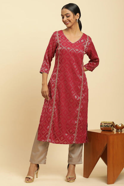 Red Rayon Jacquard Sequined Festive Kurta - wforwoman