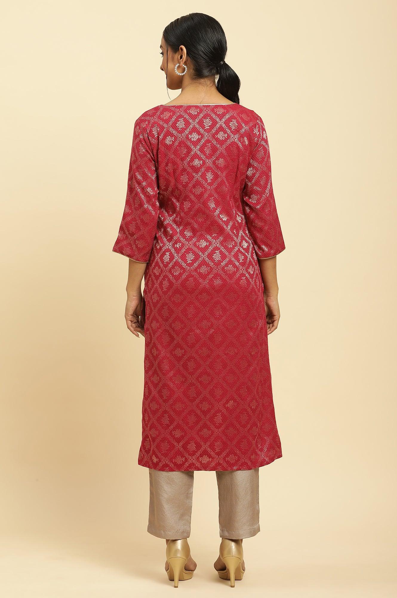 Red Rayon Jacquard Sequined Festive Kurta - wforwoman