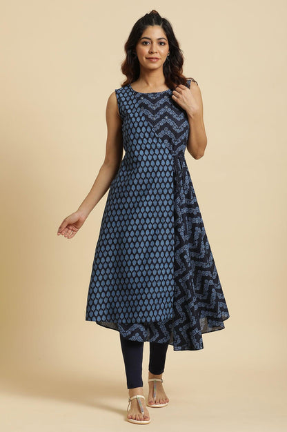 Blue Mock Wrap Print Mix Kurta - wforwoman