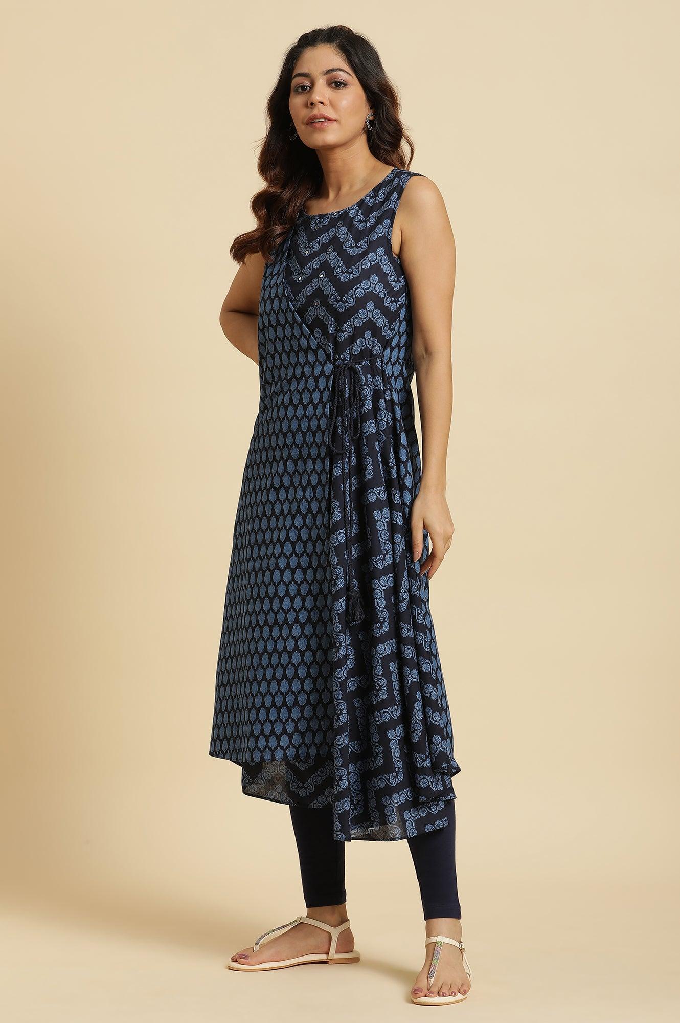 Blue Mock Wrap Print Mix Kurta - wforwoman
