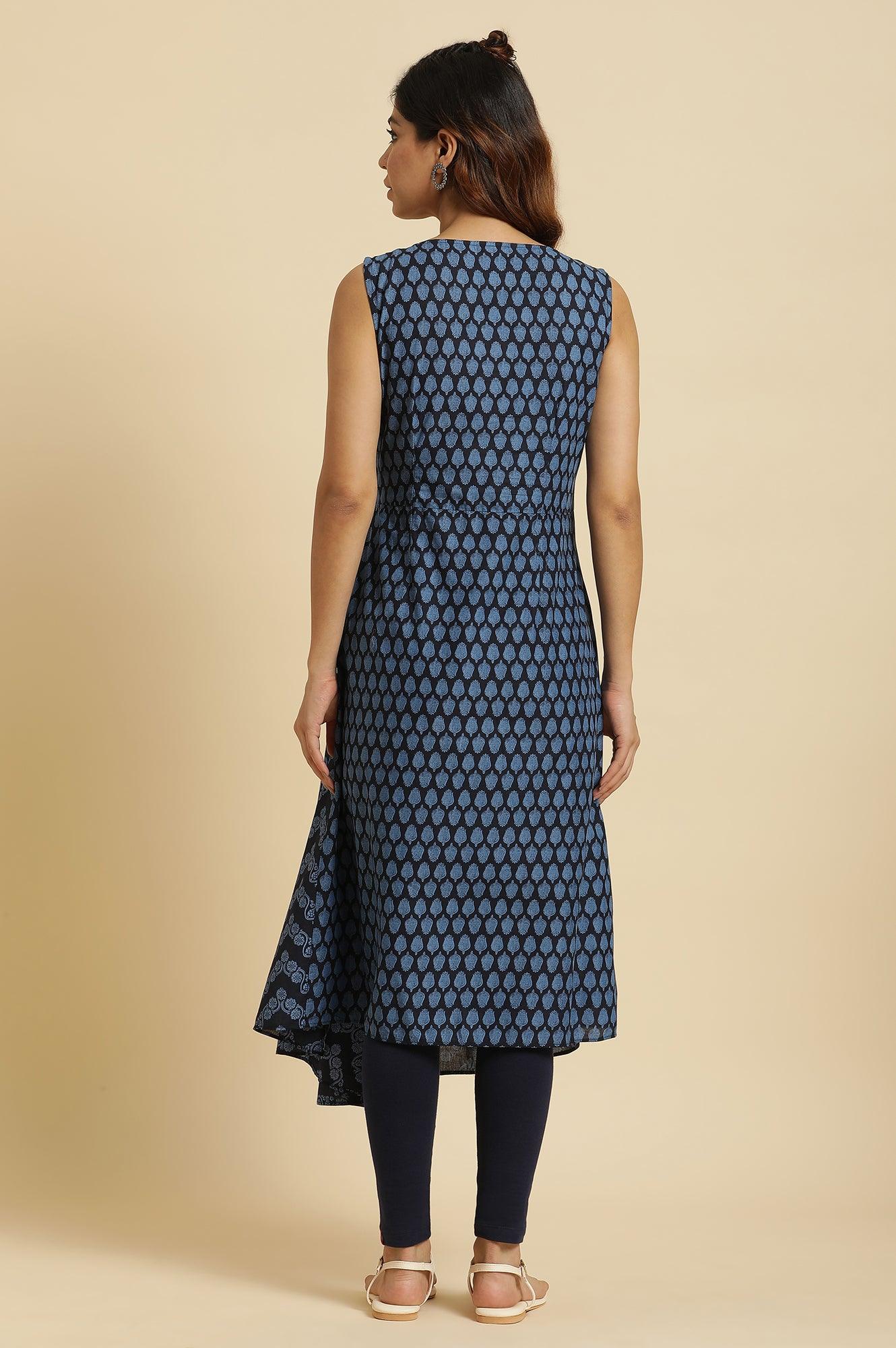 Blue Mock Wrap Print Mix Kurta - wforwoman