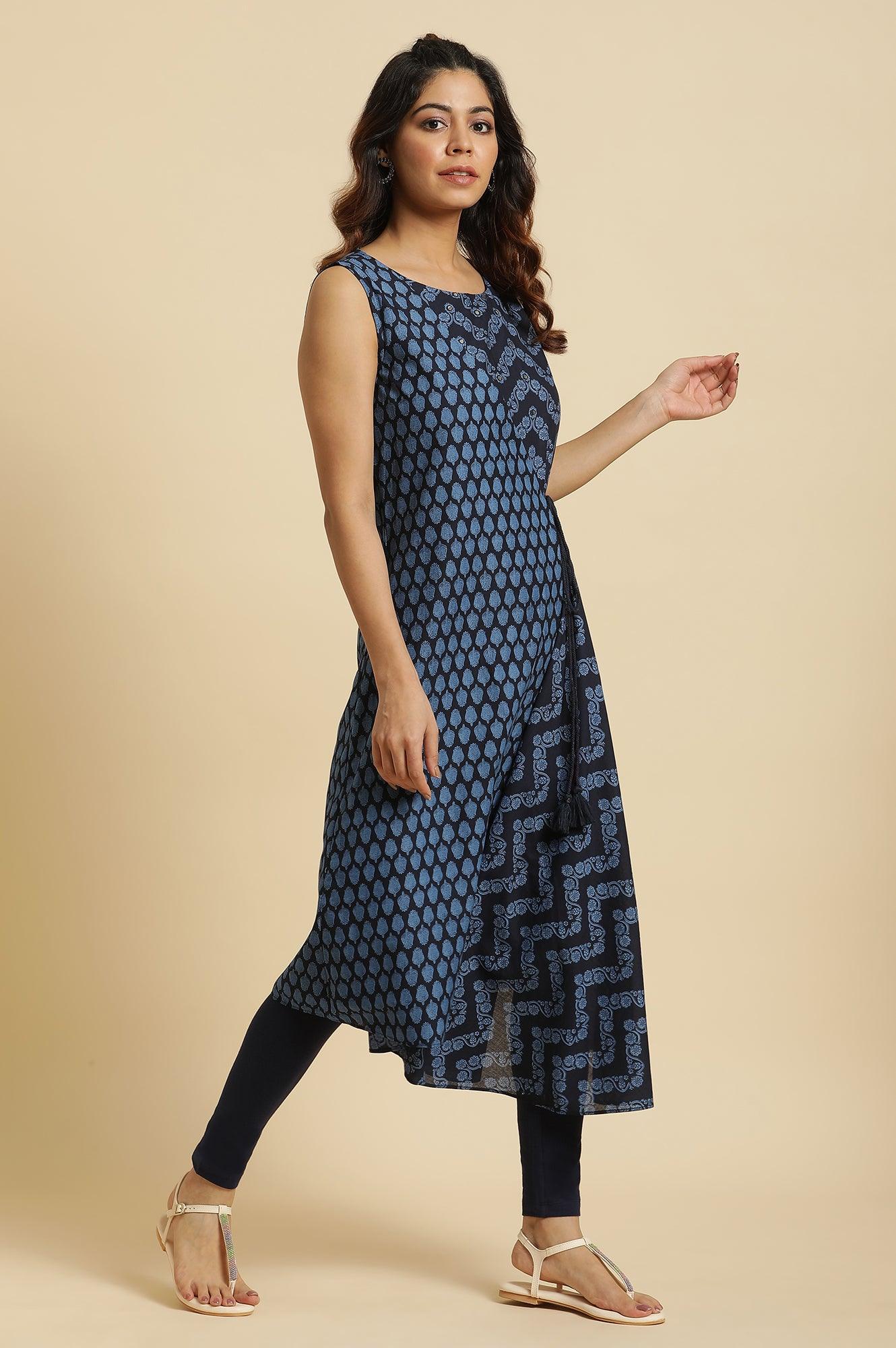 Blue Mock Wrap Print Mix Kurta - wforwoman