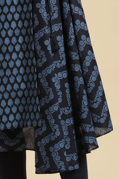 Blue Mock Wrap Print Mix Kurta - wforwoman