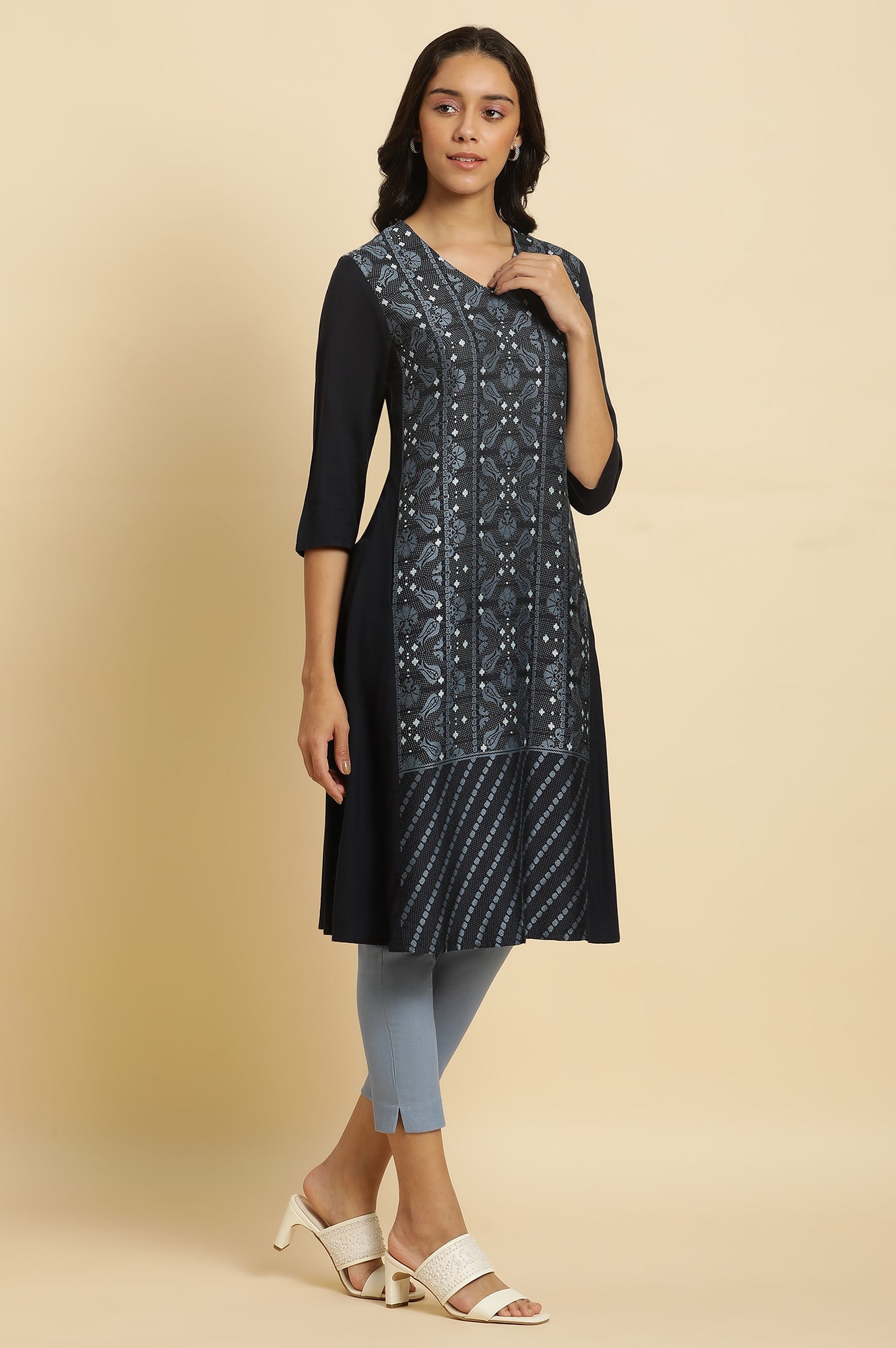 Blue Rayon Flared Kurta and Slim Pant Set