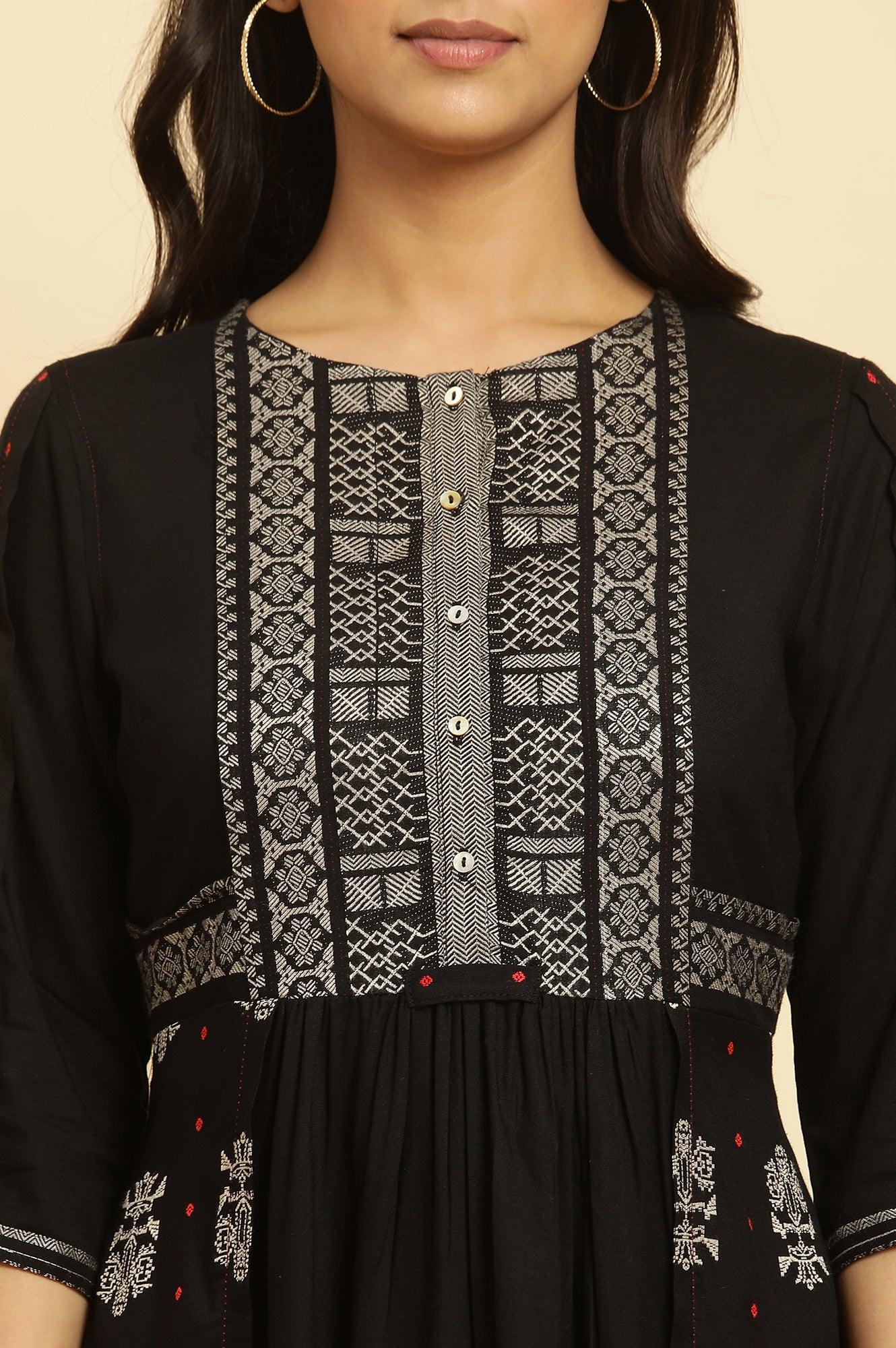 Black Printed Gathered Dress - wforwoman