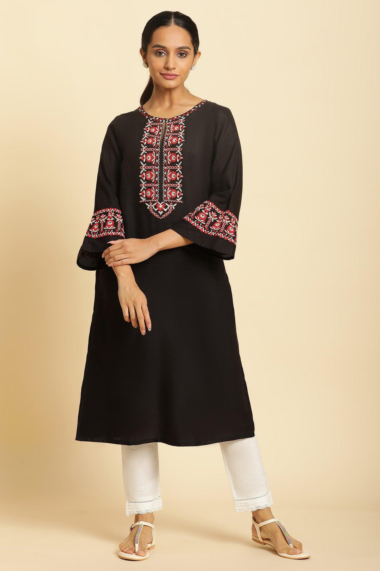 Black A-Line Embroidered Kurta - wforwoman