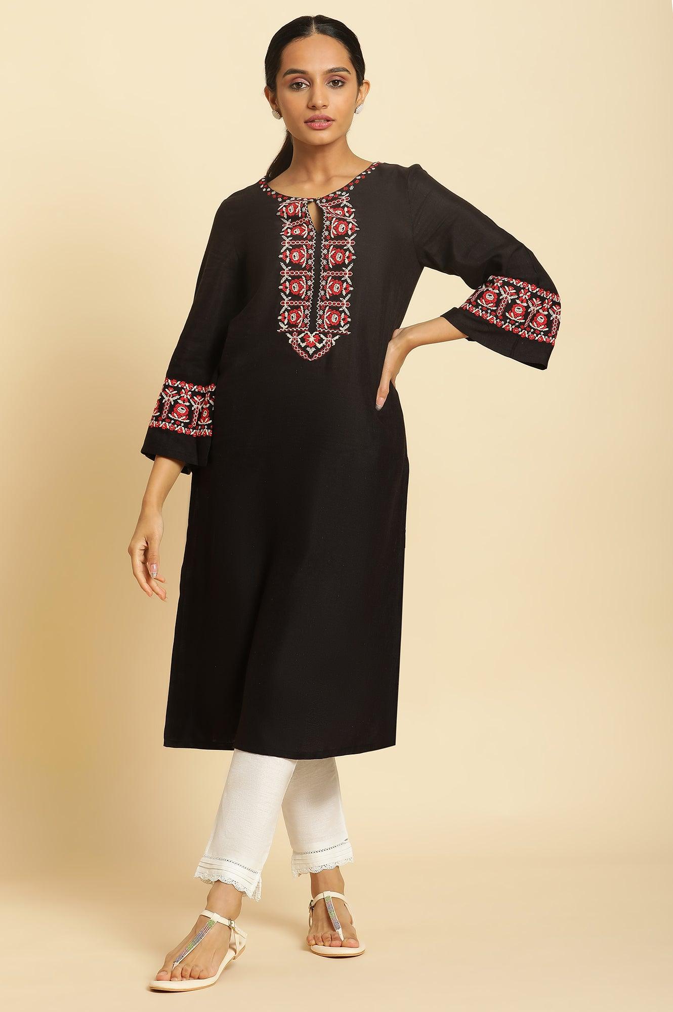 Black A-Line Embroidered Kurta - wforwoman