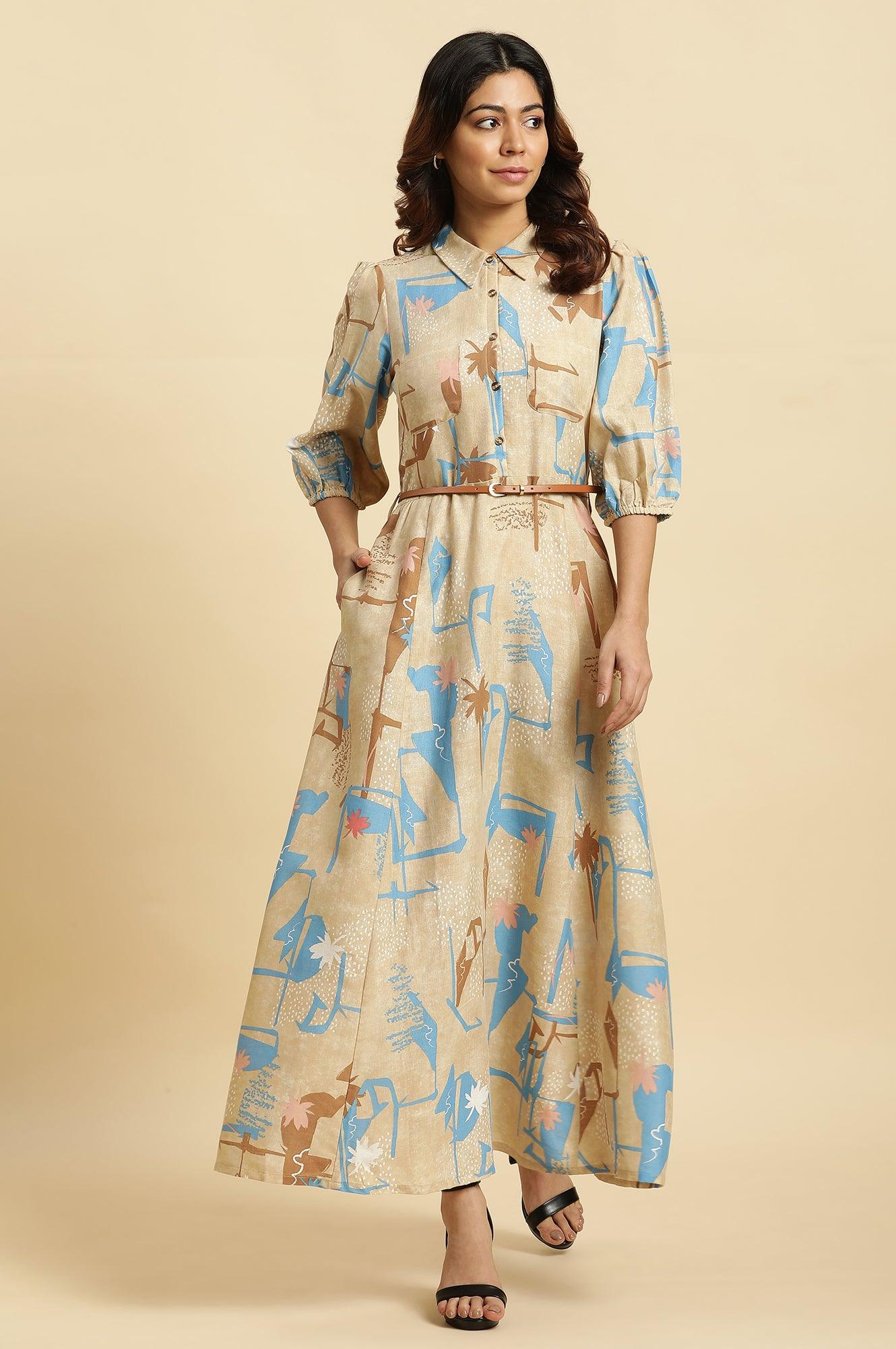 Beige Abstract Printed Western Long Dress With Belt - wforwoman