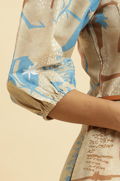 Beige Abstract Printed Western Long Dress With Belt - wforwoman