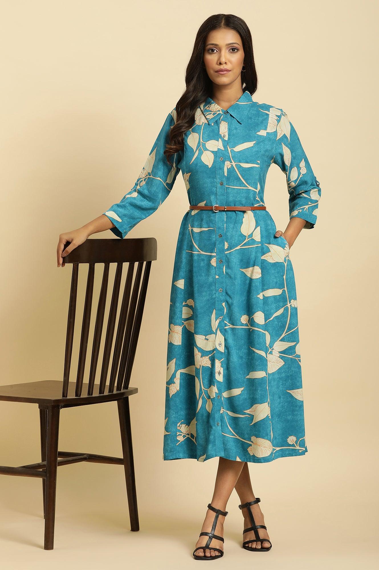 Blue Long Shirt Dress In Abstract Print - wforwoman