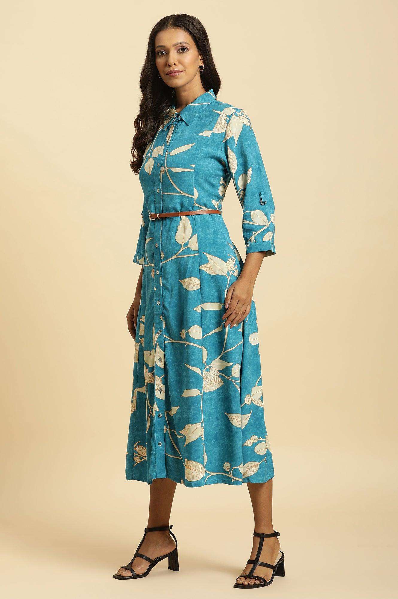 Blue Long Shirt Dress In Abstract Print - wforwoman