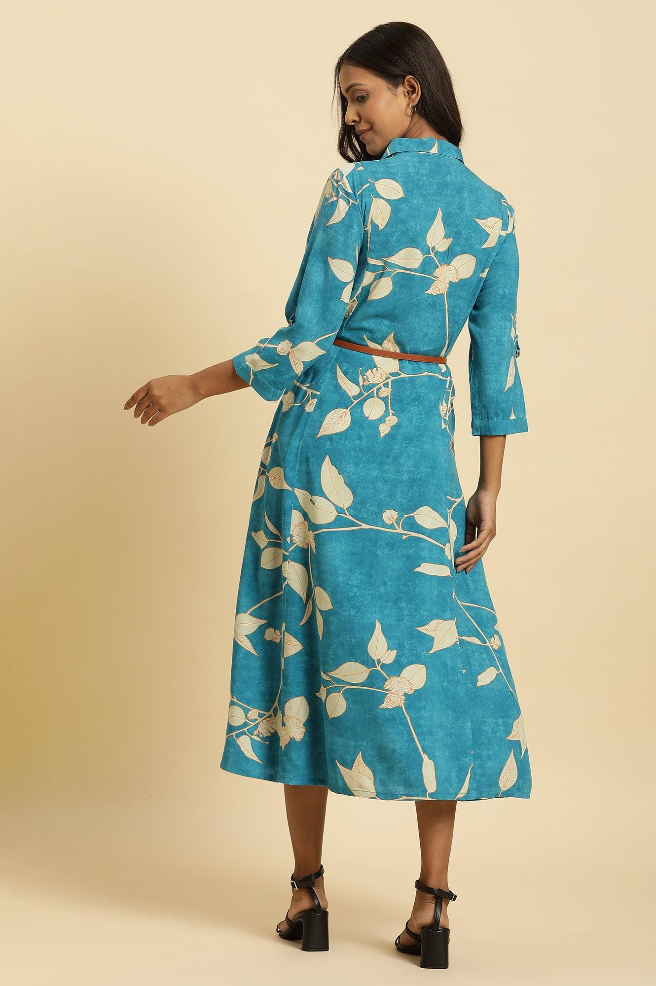 Blue Long Shirt Dress In Abstract Print - wforwoman