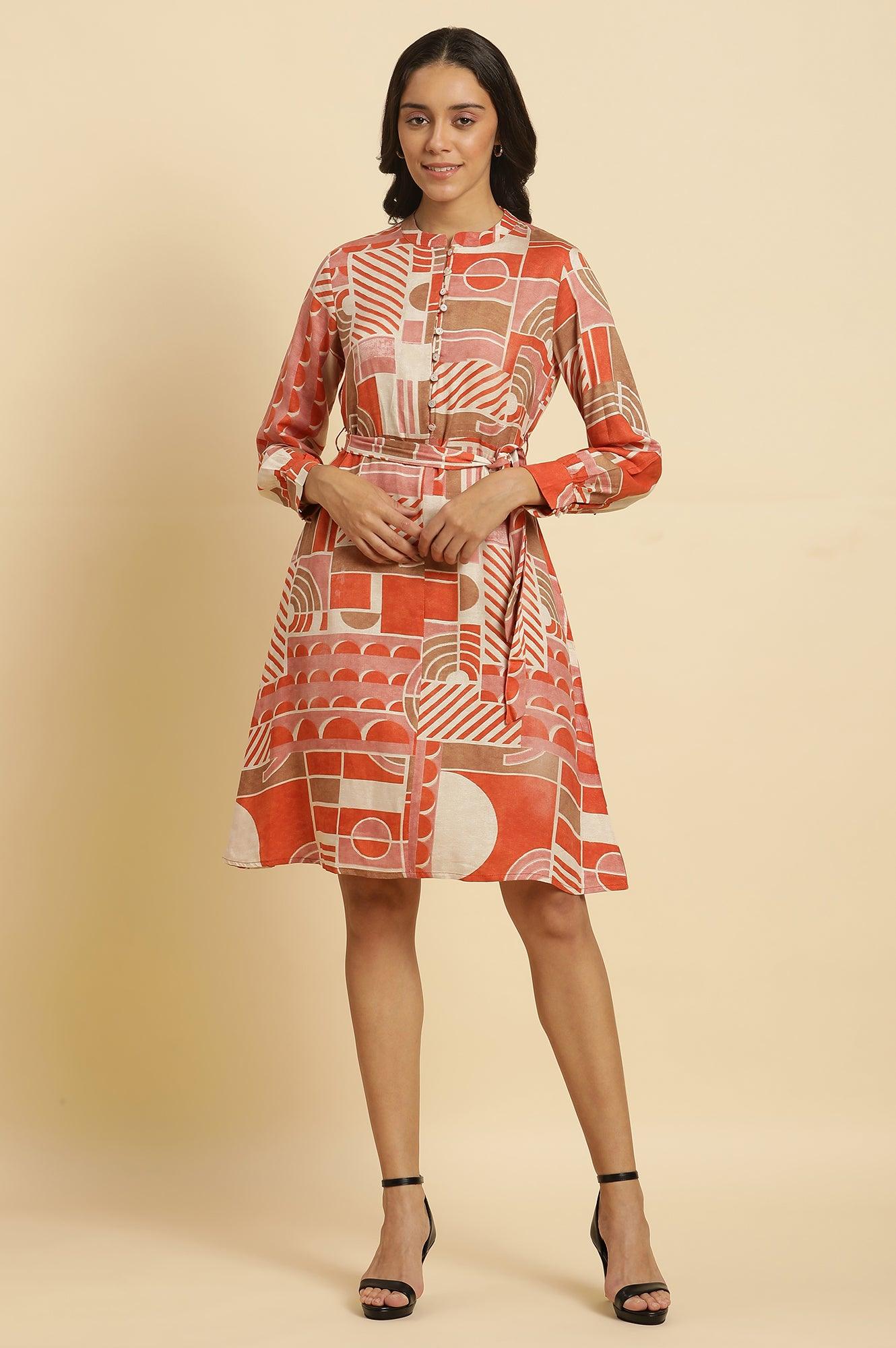 Orange Abstract Printed Western Dress - wforwoman