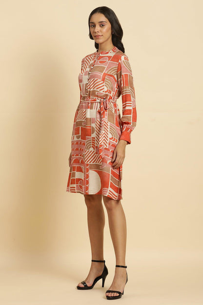 Orange Abstract Printed Western Dress - wforwoman