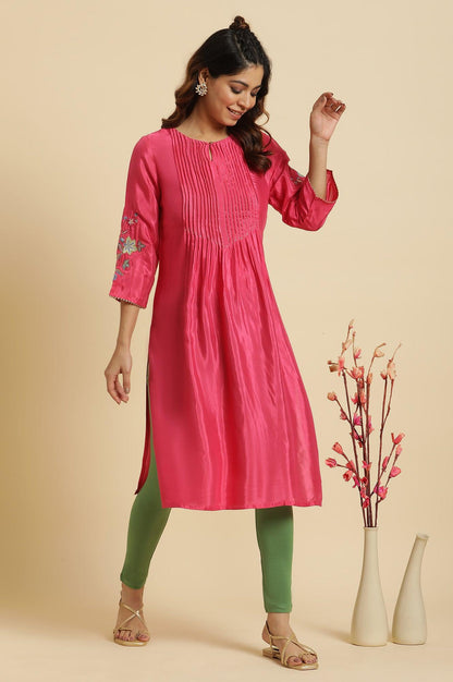 Pink Floral Embroidered Festive Kurta - wforwoman
