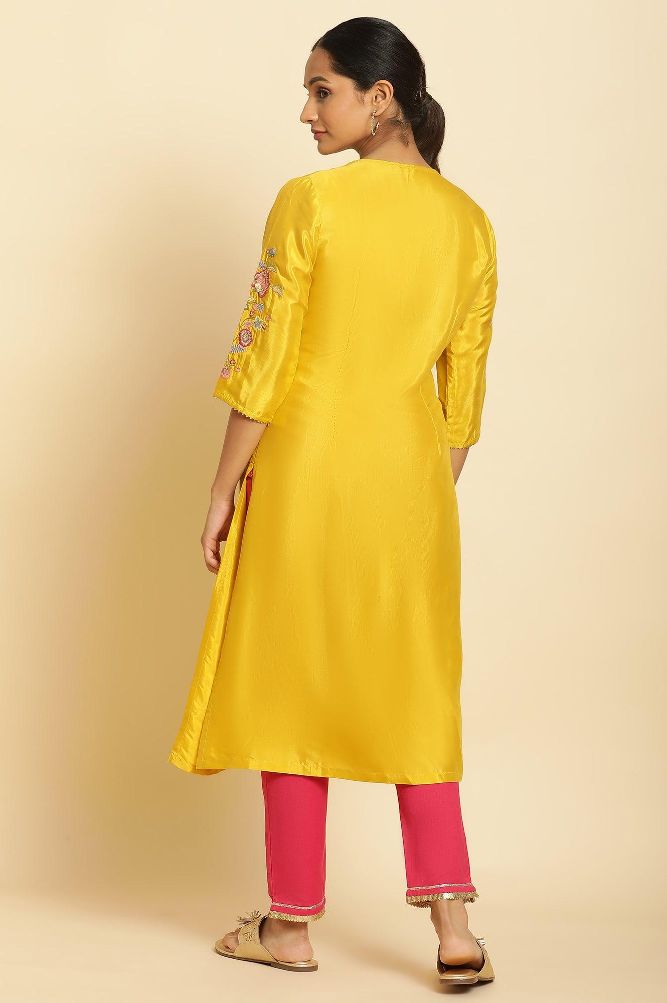 Marigold Yellow Embroidered Kurta - wforwoman