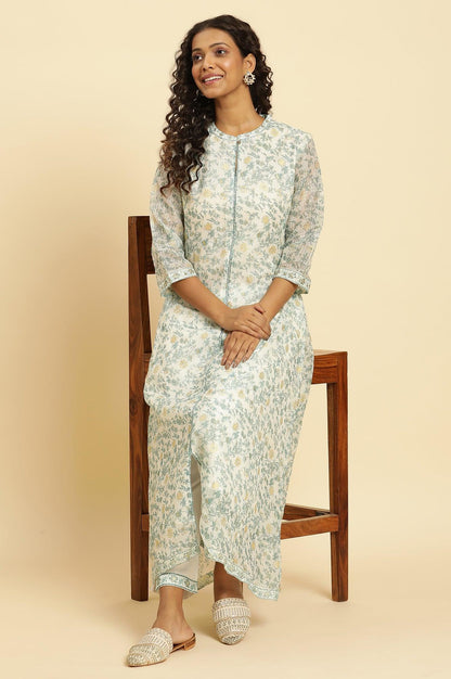 Ecru Kota Kurta With Green Floral Print - wforwoman