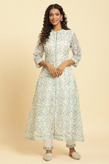 Ecru Kota Kurta With Green Floral Print - wforwoman