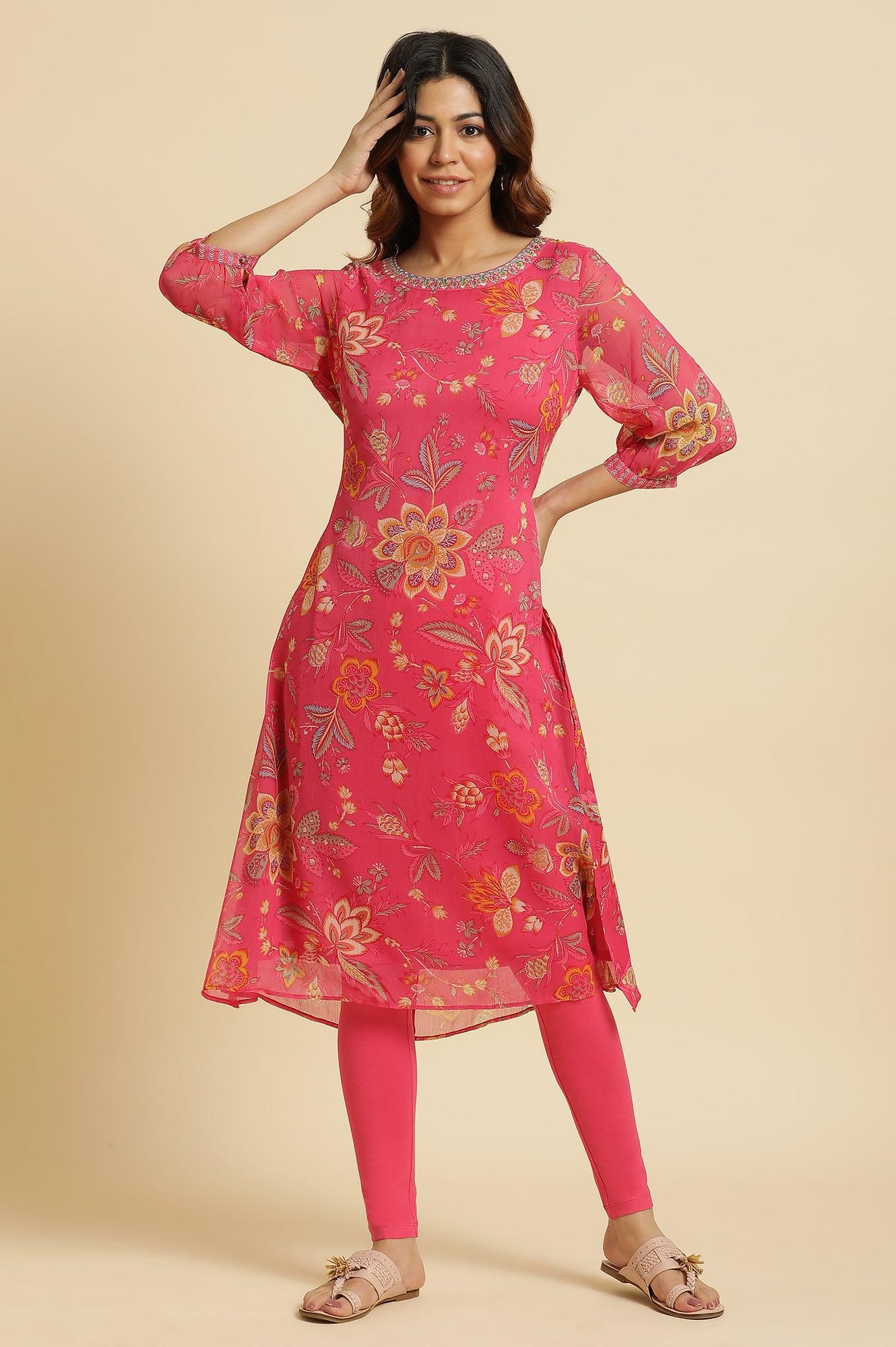 Pink Chiffon Printed Kurta With Multi-Coloured Floral Embroidery - wforwoman
