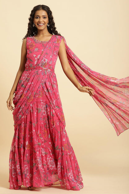 Pink Floral Printed Pre-Stitch Sharara Saree - wforwoman