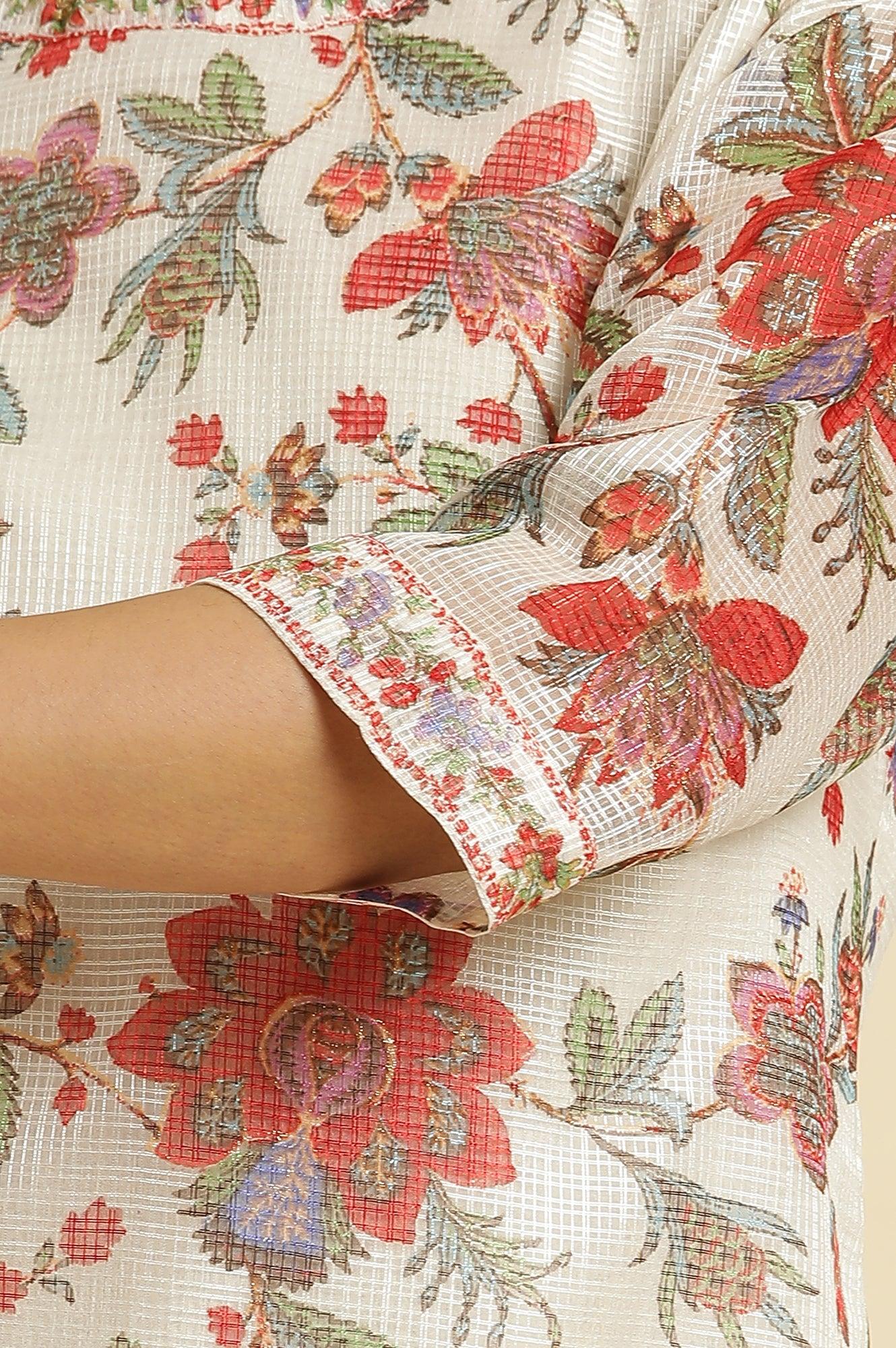 Ecru Kota Kurta With Multi-Coloured Floral Print - wforwoman