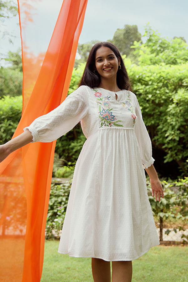 Ecru Gathered Dress In Multi-Coloured Embroidery