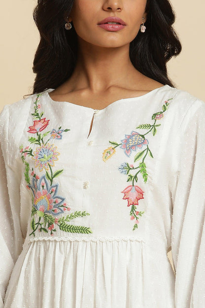 Ecru Gathered Dress In Multi-Coloured Embroidery - wforwoman