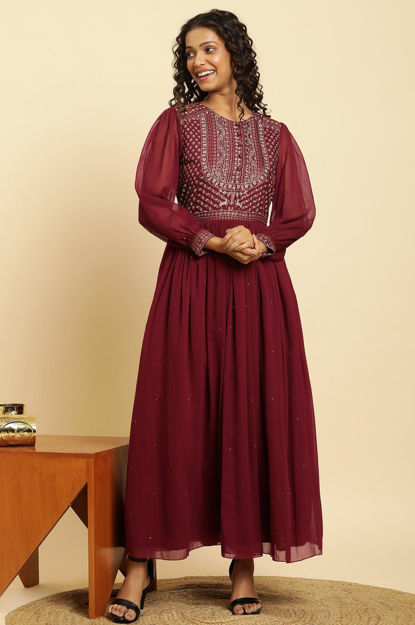 Wine Heavy Embroidered Festive Dress - wforwoman