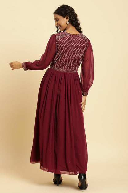 Wine Heavy Embroidered Festive Dress - wforwoman