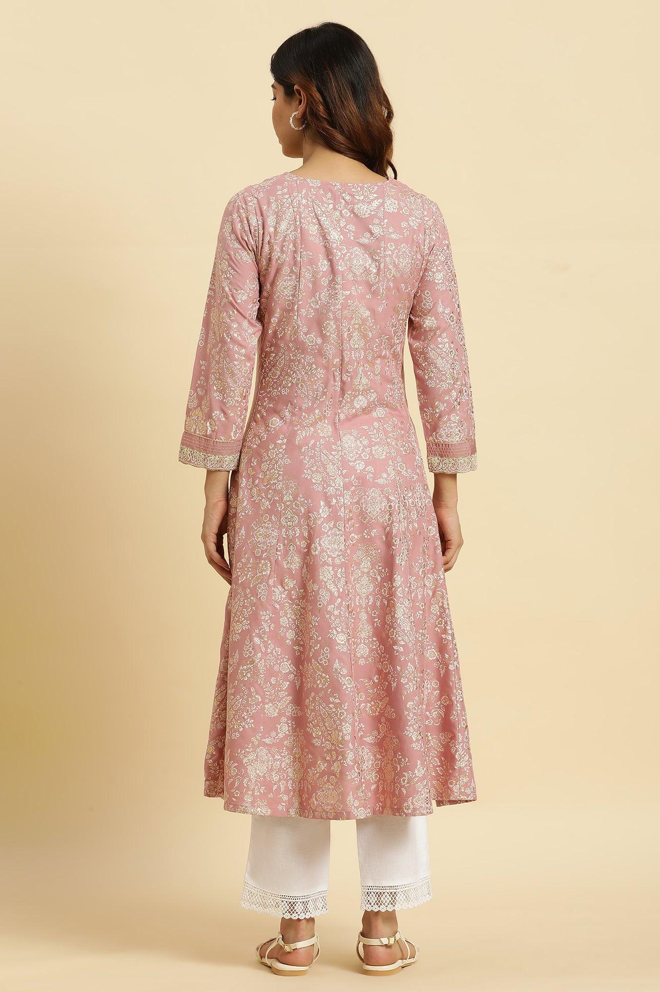 Pink Floral Foil Printed Flared Kurta - wforwoman