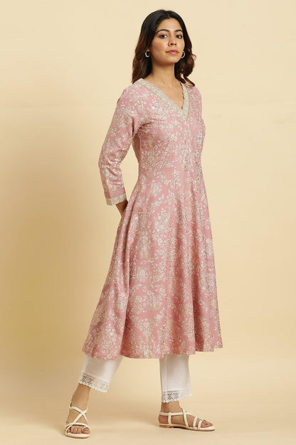 Pink Floral Foil Printed Flared Kurta - wforwoman