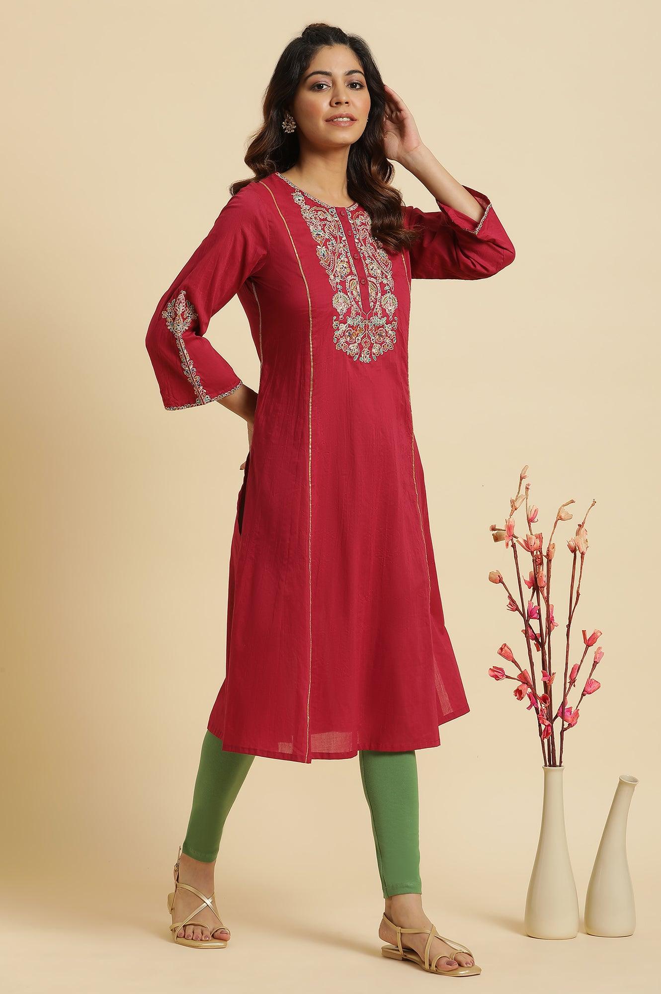 Maroon Embroidered Festive Kurta - wforwoman