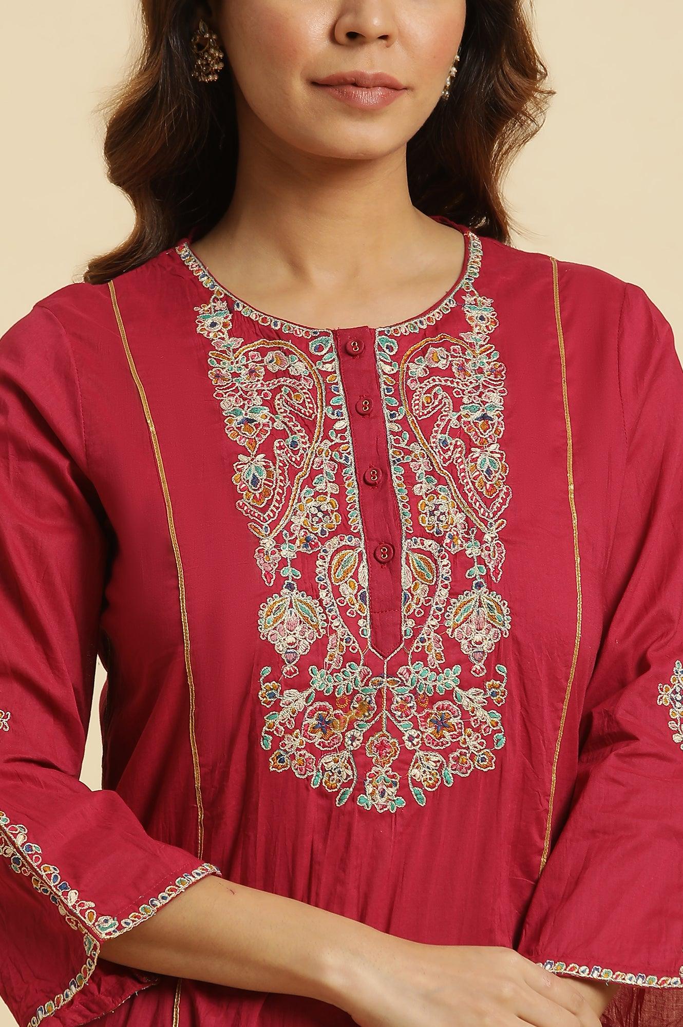 Maroon Embroidered Festive Kurta - wforwoman