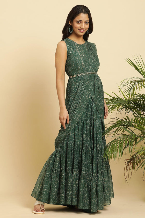 Green Foil‑Printed Chiffon Sharara Saree Dress with Belt