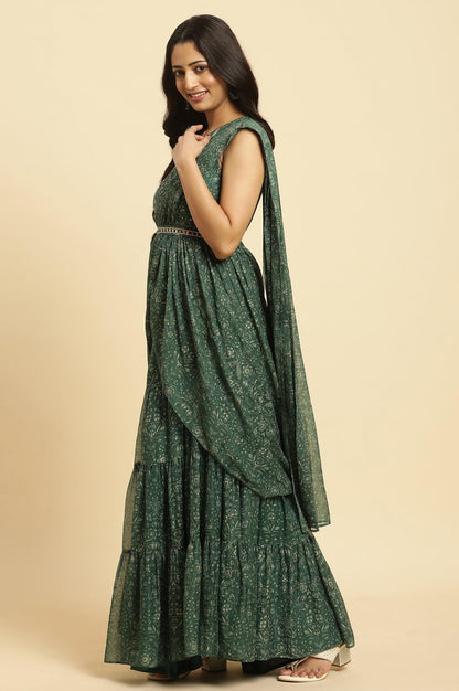 Green Foil Printed Chiffon Sharara Saree Dress - wforwoman