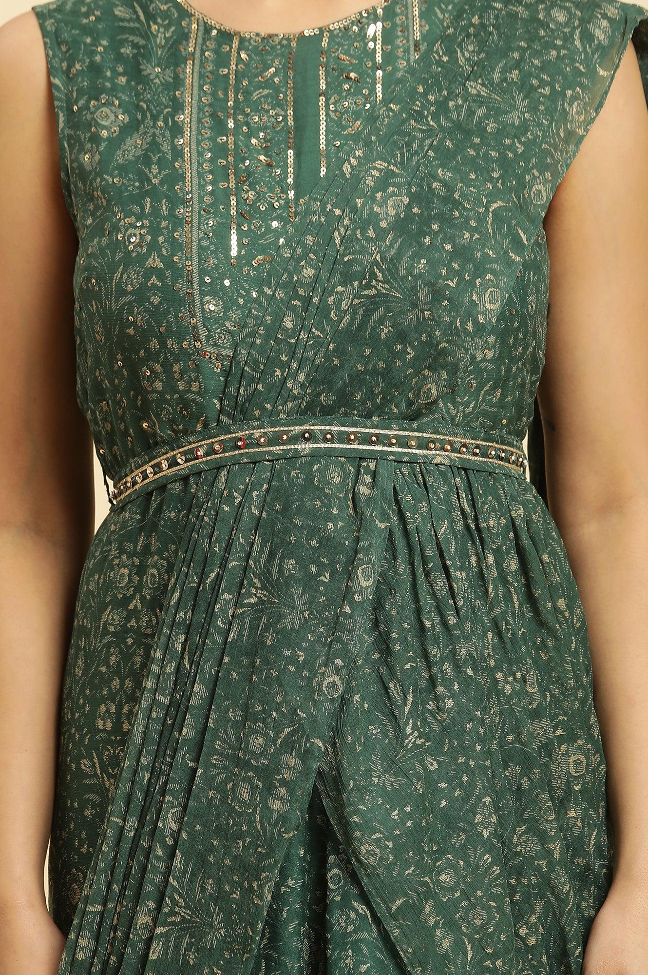 Green Foil Printed Chiffon Sharara Saree Dress - wforwoman