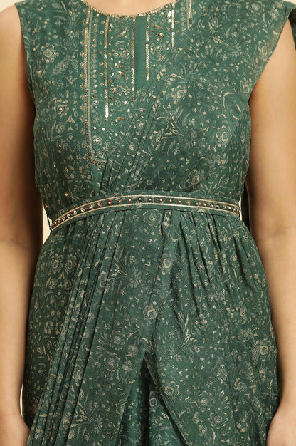 Green Foil Printed Chiffon Sharara Saree Dress - wforwoman