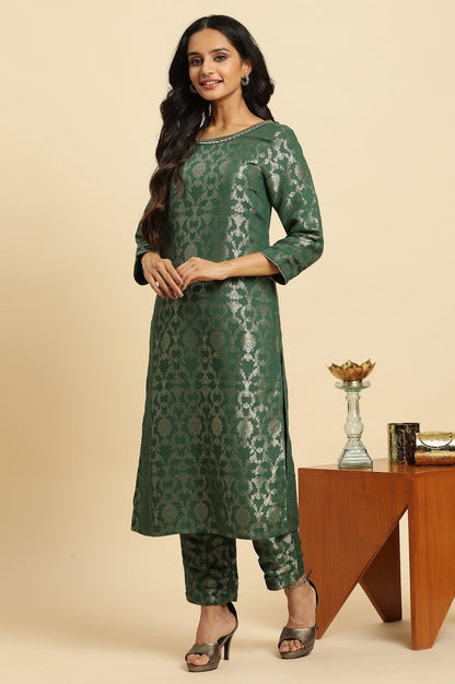 Green Rayon Jacquard Festive Kurta - wforwoman