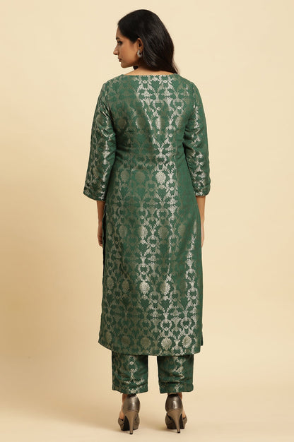 Green Floral Jacquard Metallic Embroidery Straight Rayon Kurta