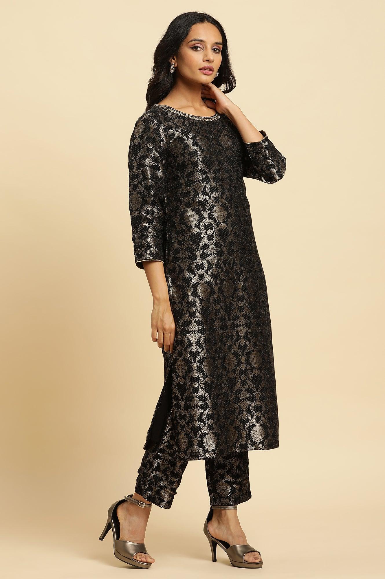 Black Rayon Jacquard Festive Kurta - wforwoman