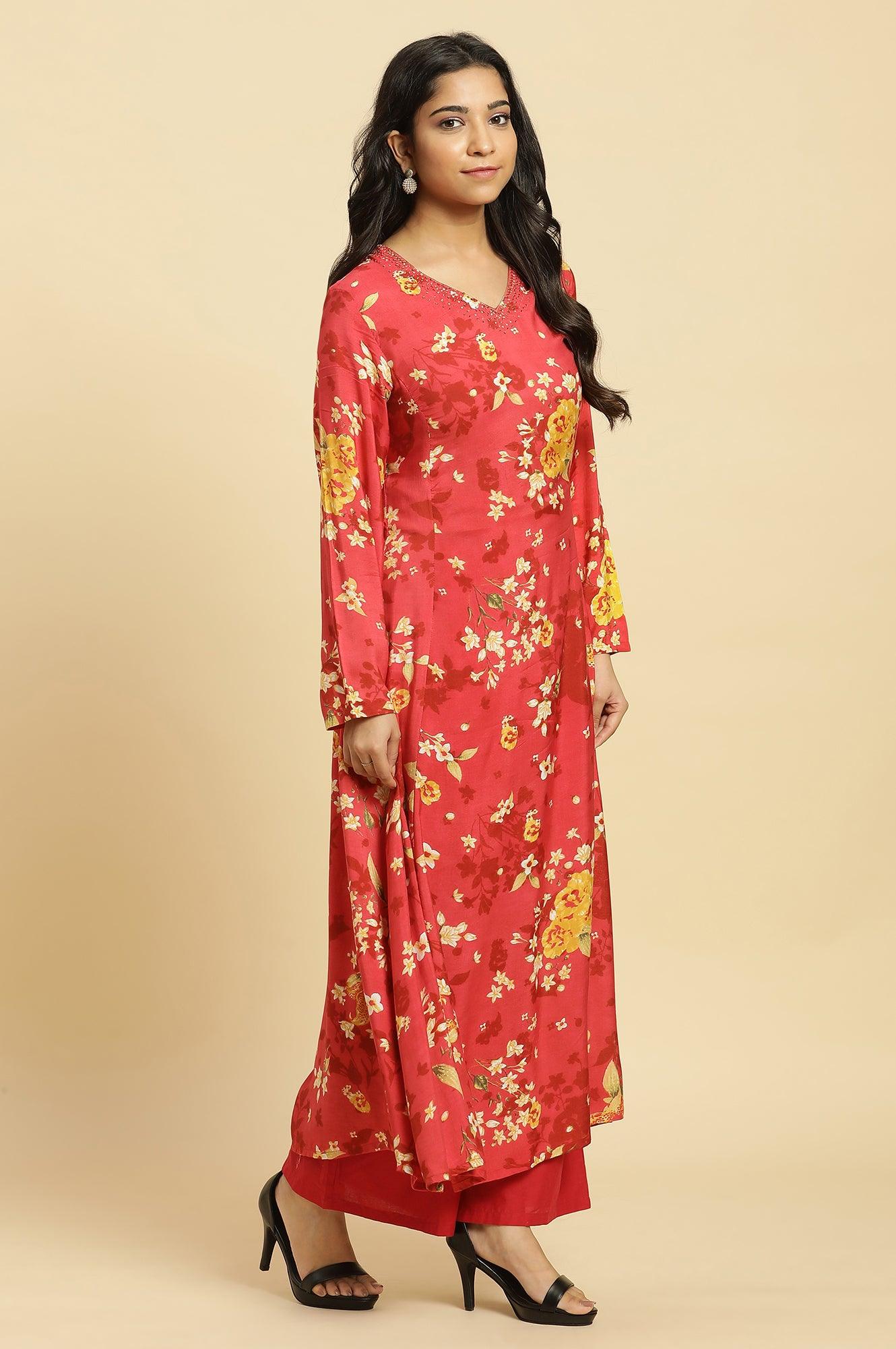 Red Floral Printed Flared Kurta - wforwoman